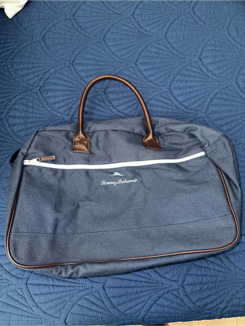 Tommy Bahama Navy Duffel with Brown Trim NEVER USED NEW